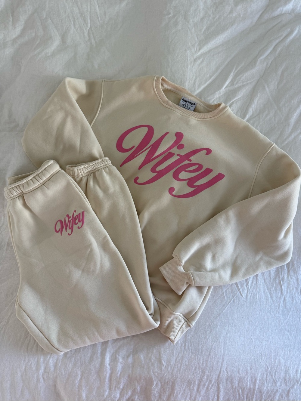 Happy Camp3r Cream Sweatshirt and Sweatpants Set with Pink Script